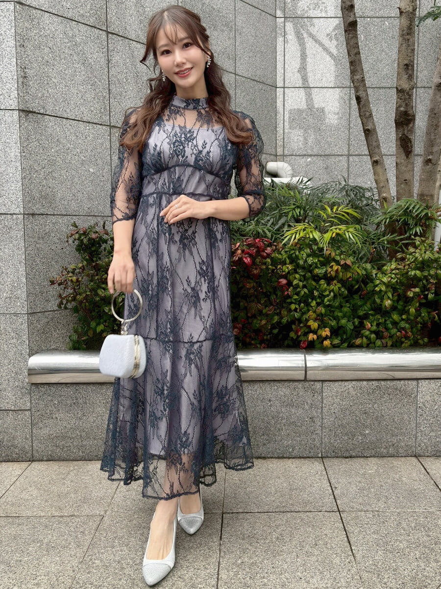 my closet / パフスリーブハイカラーレースドレスMNV