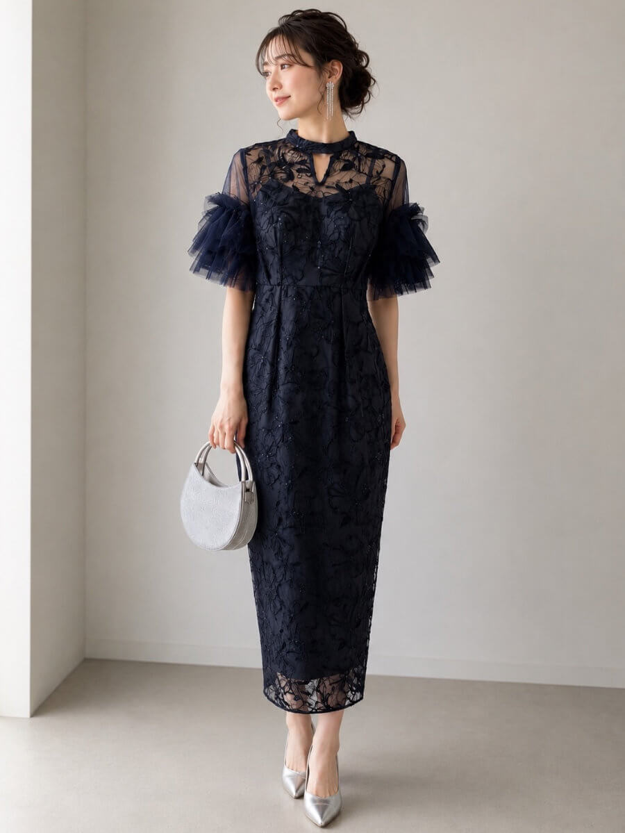 my closet / key neck embroidery dress Snv