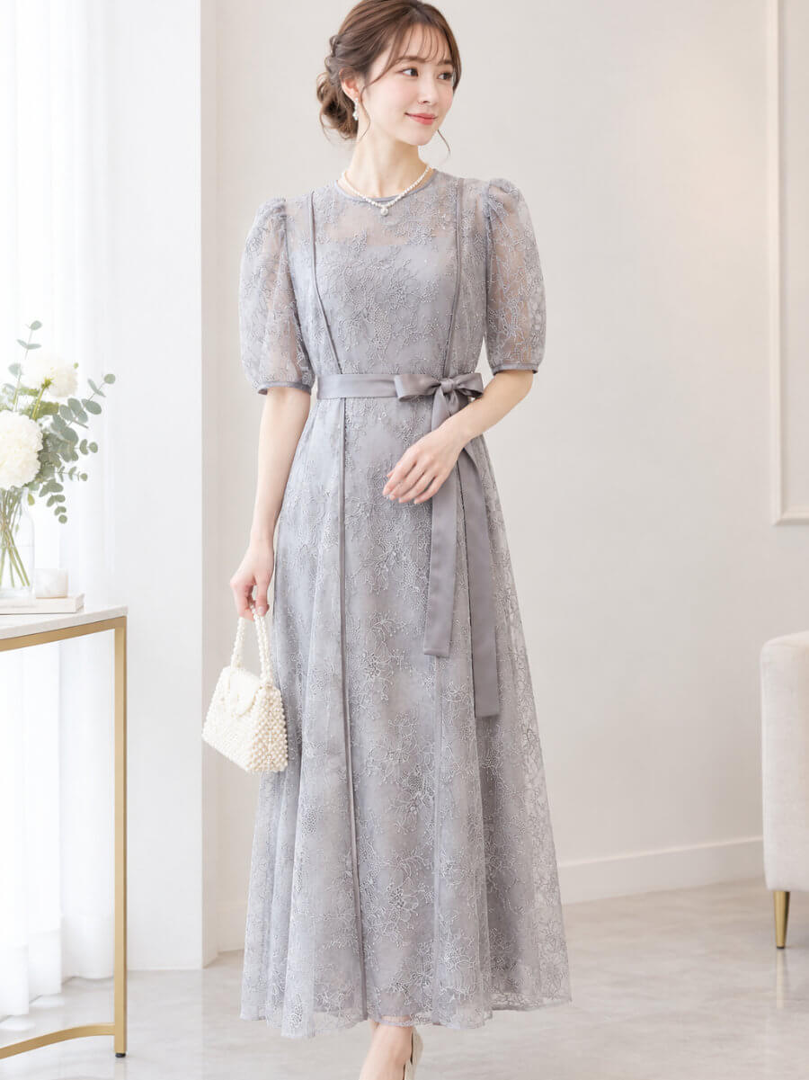 my closet / スパンコール総レースリボンドレスLsky my closet / スパンコール総レースリボンドレスLsky