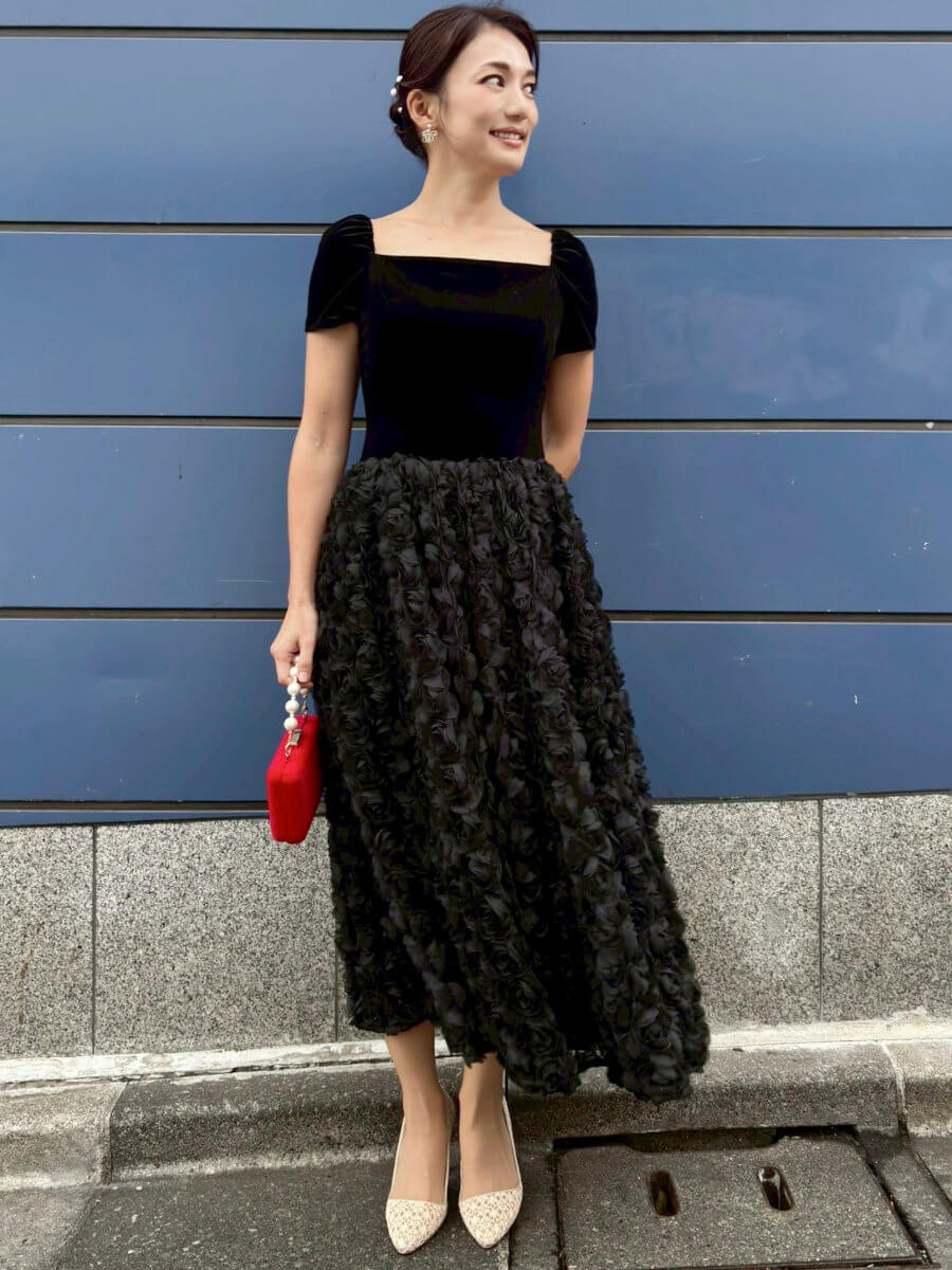 スーツ・フォーマル・ドレス Velour rosette flare dress ベロアロゼットフレアドレス｜パーティードレス・結婚式ワンピース